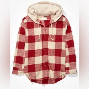 American Eagle Red and White Plaid Hooded Shirt
